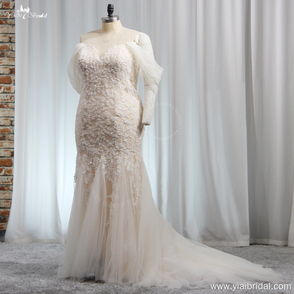 RSW1966 Off-The-Shoulder Mermaid Chapel Train Sequined Lace Tulle Wedding Dress For Curvy Ladies 1