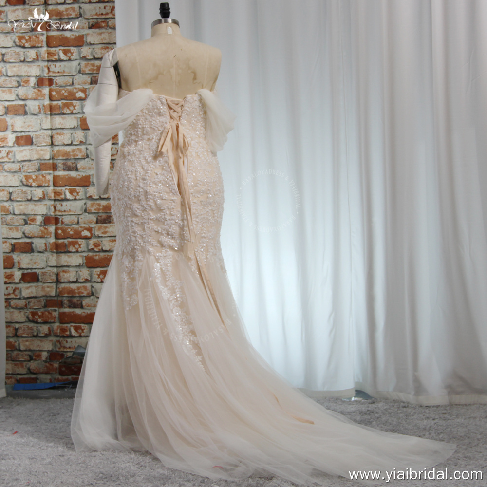 RSW1966 Off-The-Shoulder Mermaid Chapel Train Sequined Lace Tulle Wedding Dress For Curvy Ladies 8