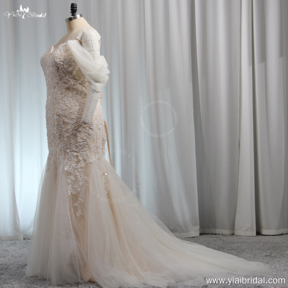 RSW1966 Off-The-Shoulder Mermaid Chapel Train Sequined Lace Tulle Wedding Dress For Curvy Ladies 10