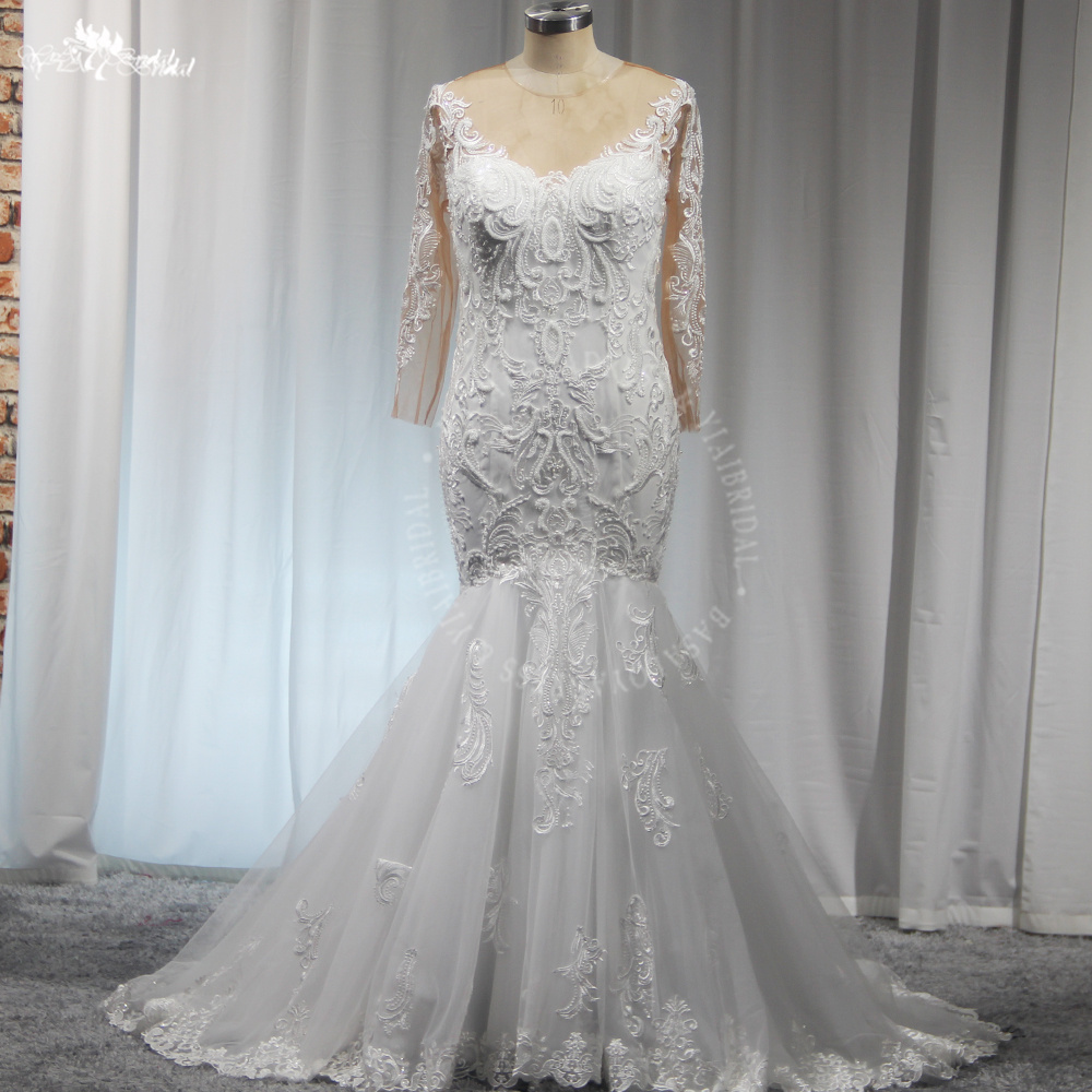 RSW2044 Yiaibridal Long Sleeves Lace Mermaid Fit And Flare Wedding Dresses V Neck 6