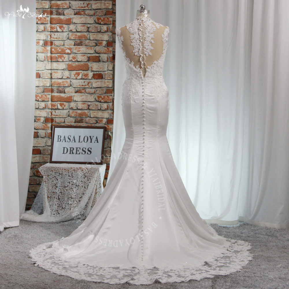 RSW1936 Sleeveless Lace Appliques See Through Back Long Satin Prom Dress Tight Mermaid Evening Gowns 9