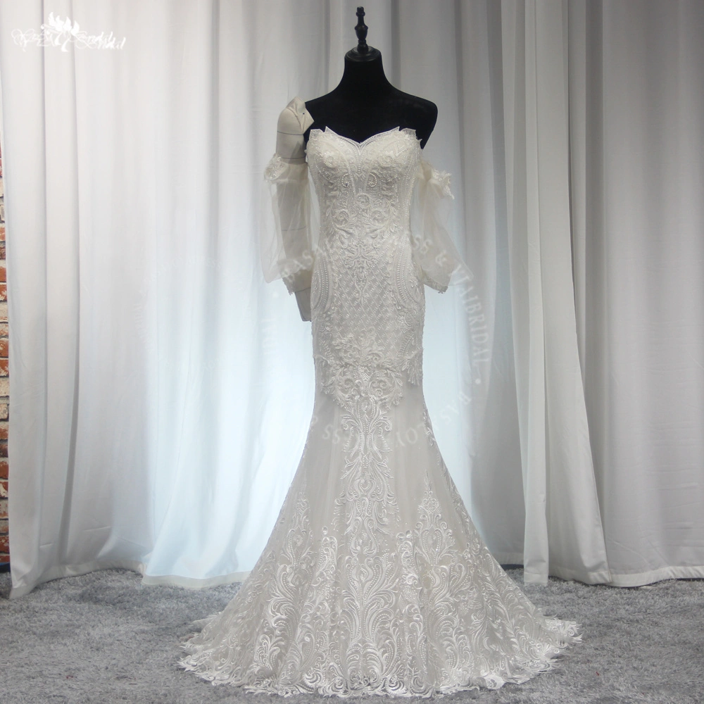 RSW2037 Mermaid Sweetheart Wedding Dress Court Train with Detachable Long Sleeves Tulle Lace Wedding Bridal Gown 1