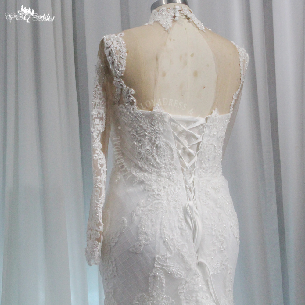 RSW1985 High Neckline Long Sleeves Lace Mermaid Wedding Dresses Corset 9