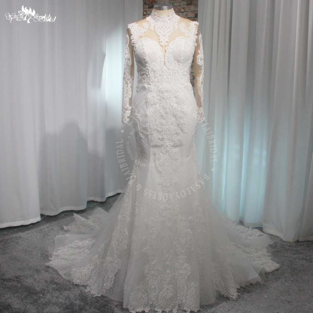 RSW1985 High Neckline Long Sleeves Lace Mermaid Wedding Dresses Corset 8