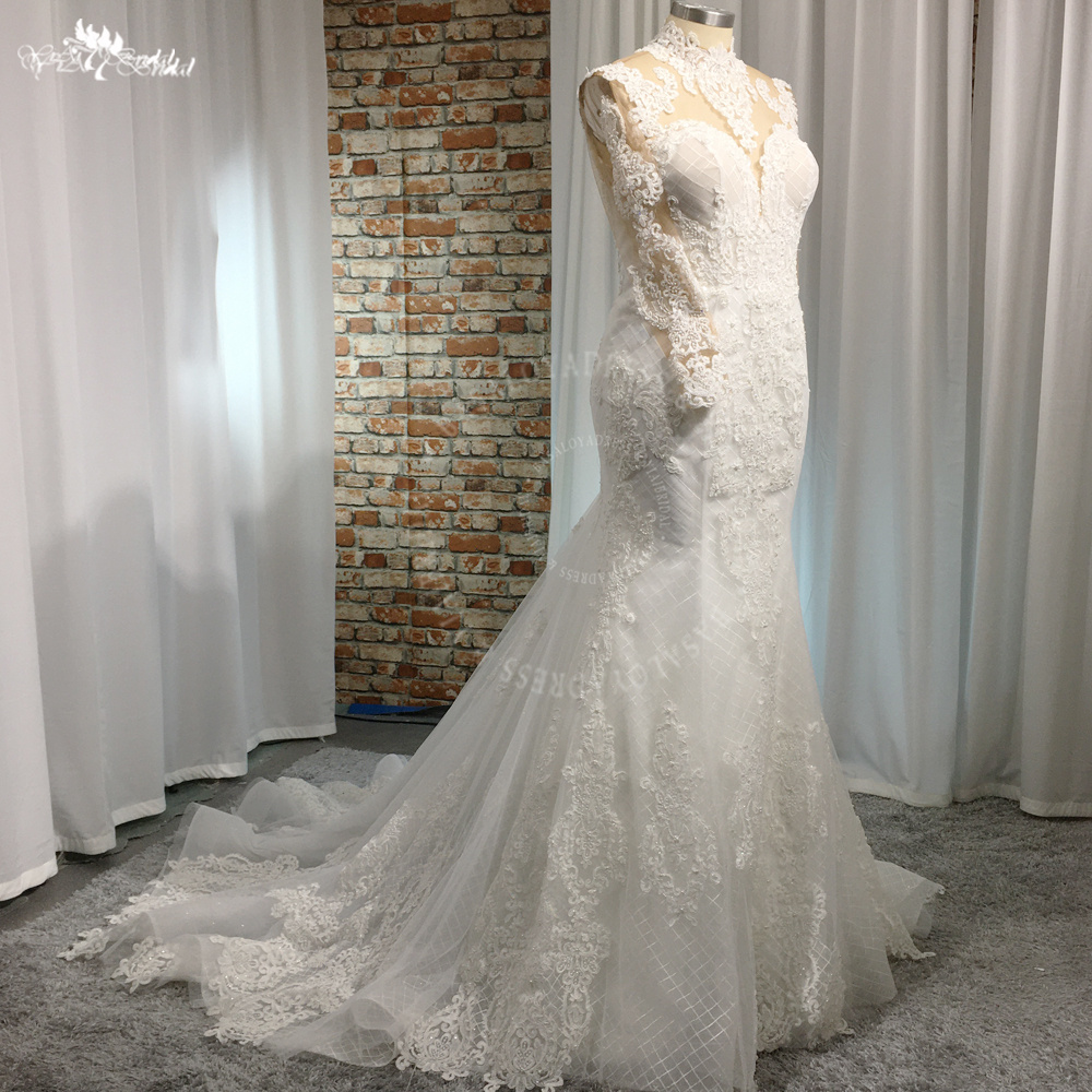RSW1985 High Neckline Long Sleeves Lace Mermaid Wedding Dresses Corset 11