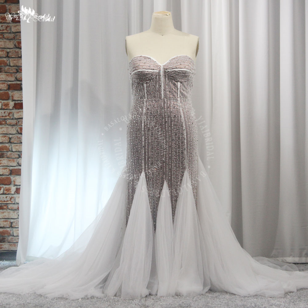 RSW2014 White Nude Mermaid Wedding Party Dresses with Beaded Crystal Lines Pattern Luxury Prom Party Gowns 7