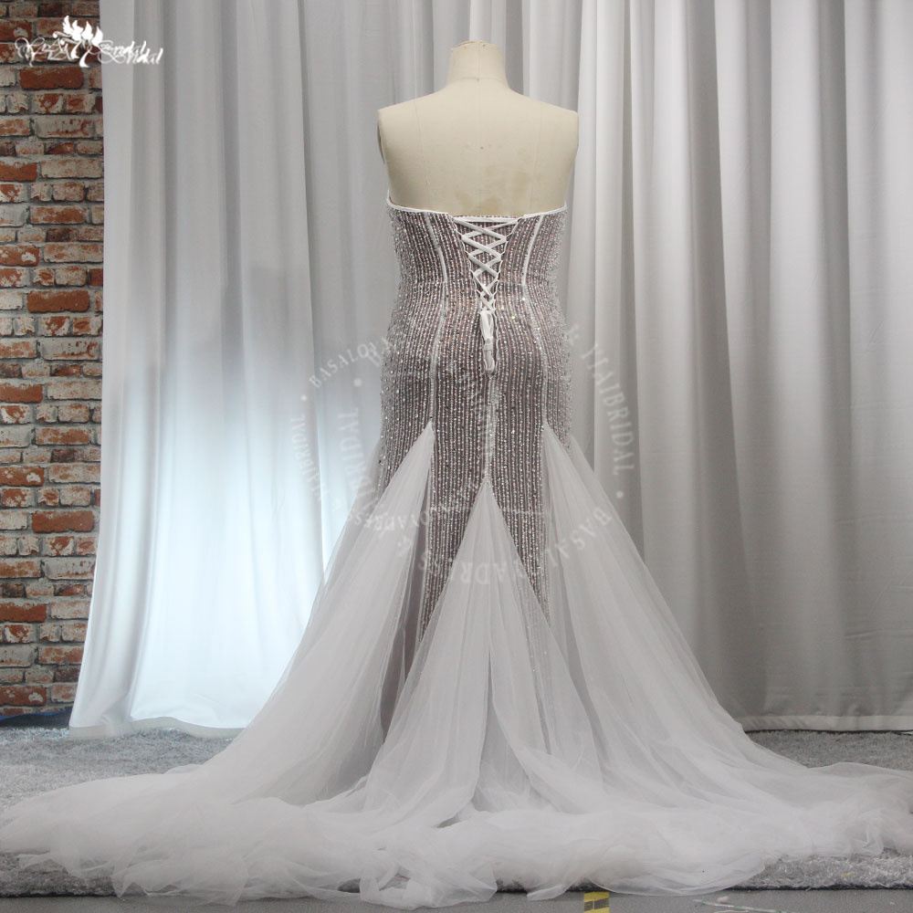 RSW2014 White Nude Mermaid Wedding Party Dresses with Beaded Crystal Lines Pattern Luxury Prom Party Gowns 9