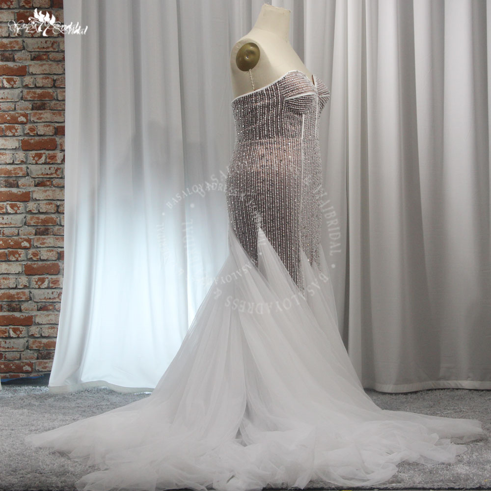 RSW2014 White Nude Mermaid Wedding Party Dresses with Beaded Crystal Lines Pattern Luxury Prom Party Gowns 8