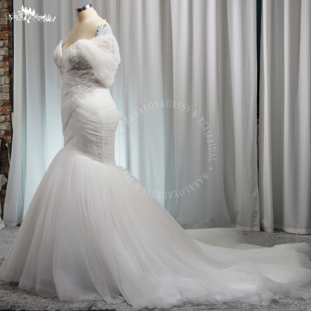 RSW1935 Zarif pileli denizkızı gelinlikleri Omuz boyun çizgisi gelin elbiseli boncuklu aplikler ve süpürme tren, özel yapılmış artı boyutlar mevcut 11