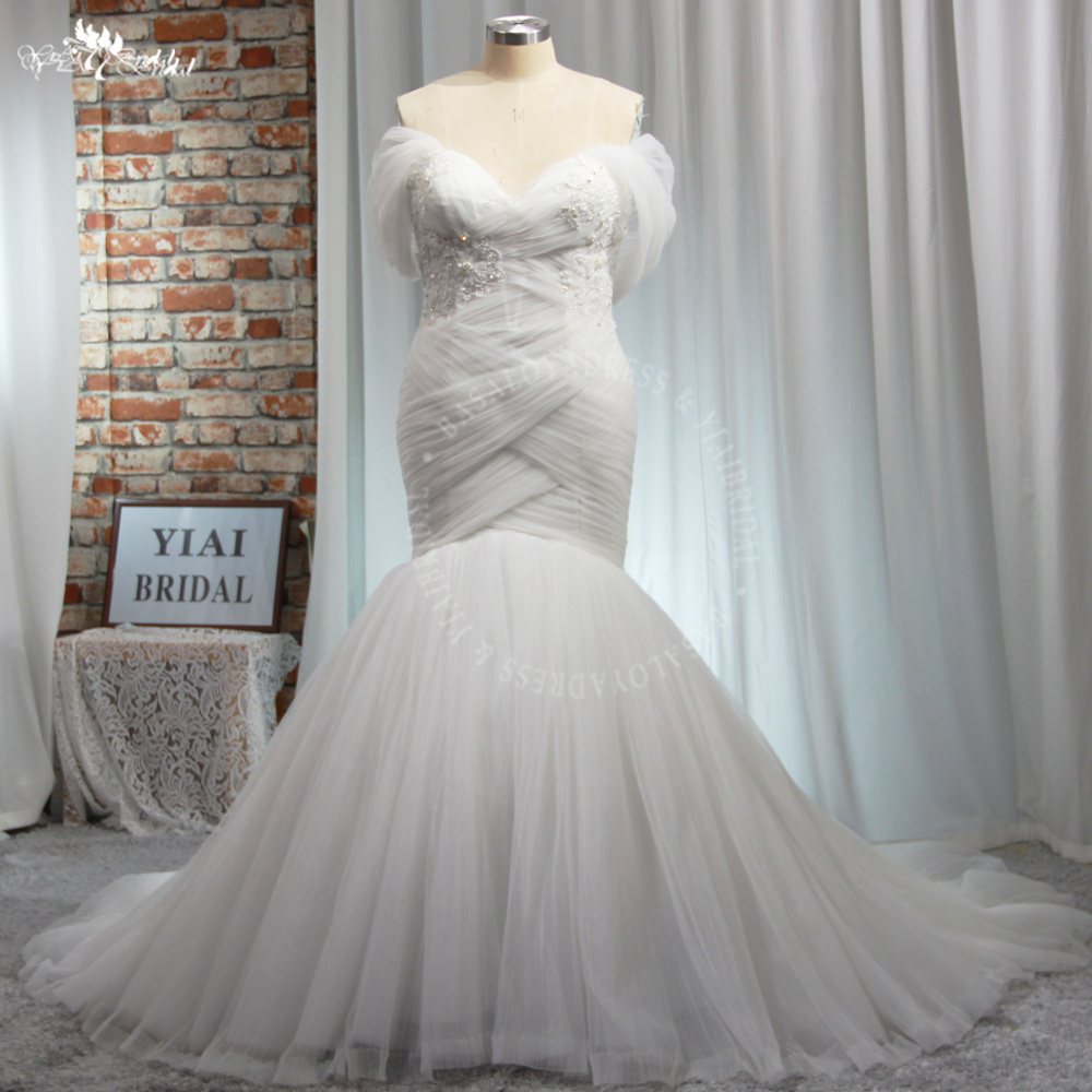 RSW1935 Zarif pileli denizkızı gelinlikleri Omuz boyun çizgisi gelin elbiseli boncuklu aplikler ve süpürme tren, özel yapılmış artı boyutlar mevcut 8