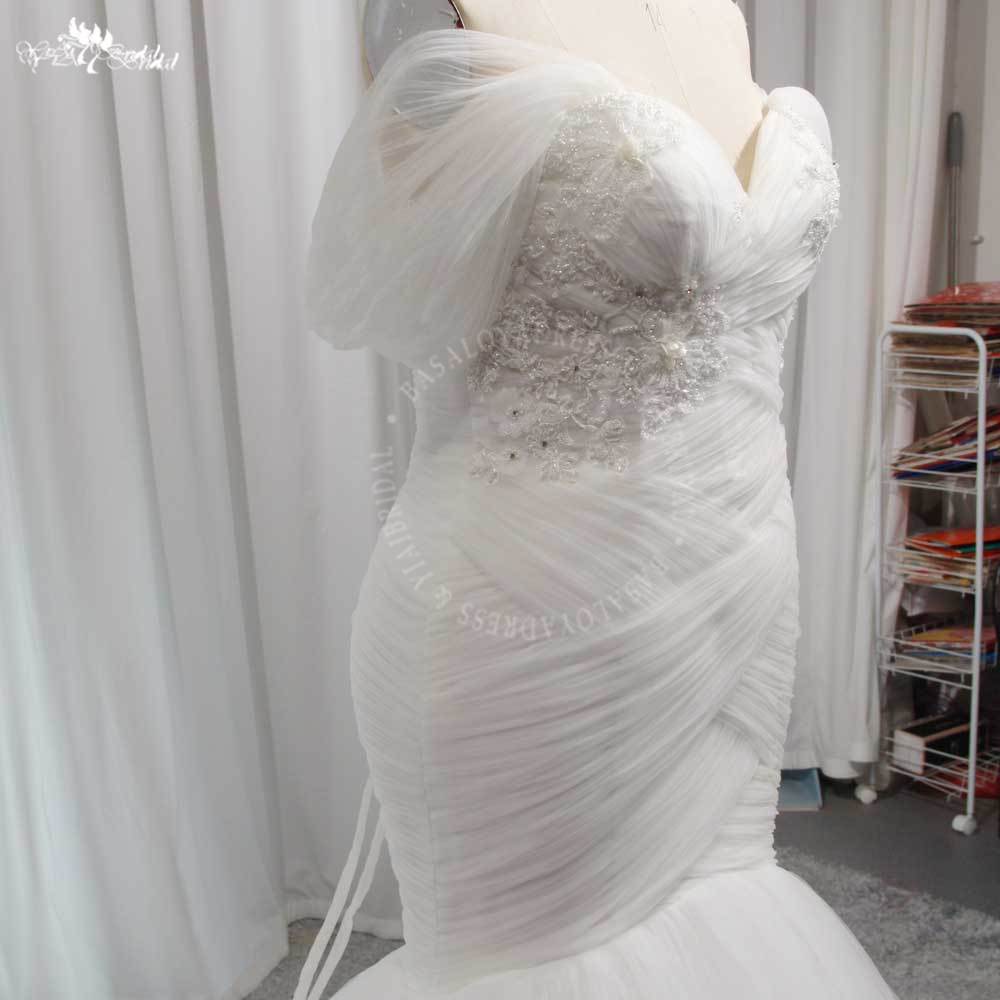 RSW1935 Zarif pileli denizkızı gelinlikleri Omuz boyun çizgisi gelin elbiseli boncuklu aplikler ve süpürme tren, özel yapılmış artı boyutlar mevcut 10