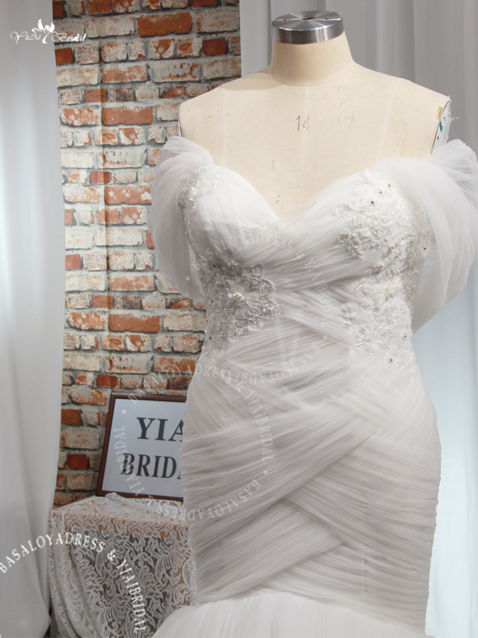 RSW1935 Zarif pileli denizkızı gelinlikleri Omuz boyun çizgisi gelin elbiseli boncuklu aplikler ve süpürme tren, özel yapılmış artı boyutlar mevcut 9