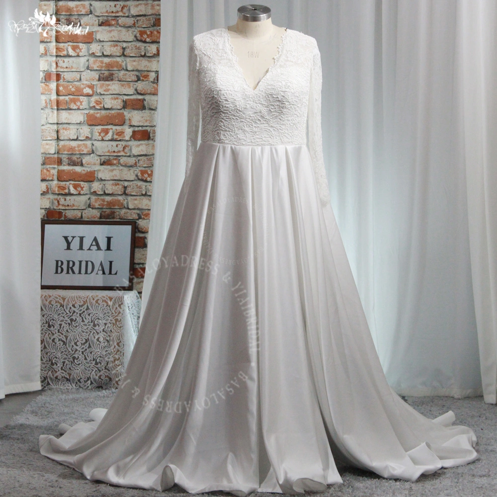 RSW1942 Long Sleeves Lace V Neckline Satin A Line Modest Wedding Dress Big Size Women With Pockets and Open Leg Slit 1