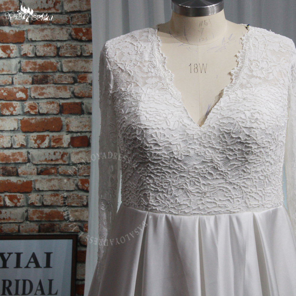 RSW1942 Long Sleeves Lace V Neckline Satin A Line Modest Wedding Dress Big Size Women With Pockets and Open Leg Slit 9