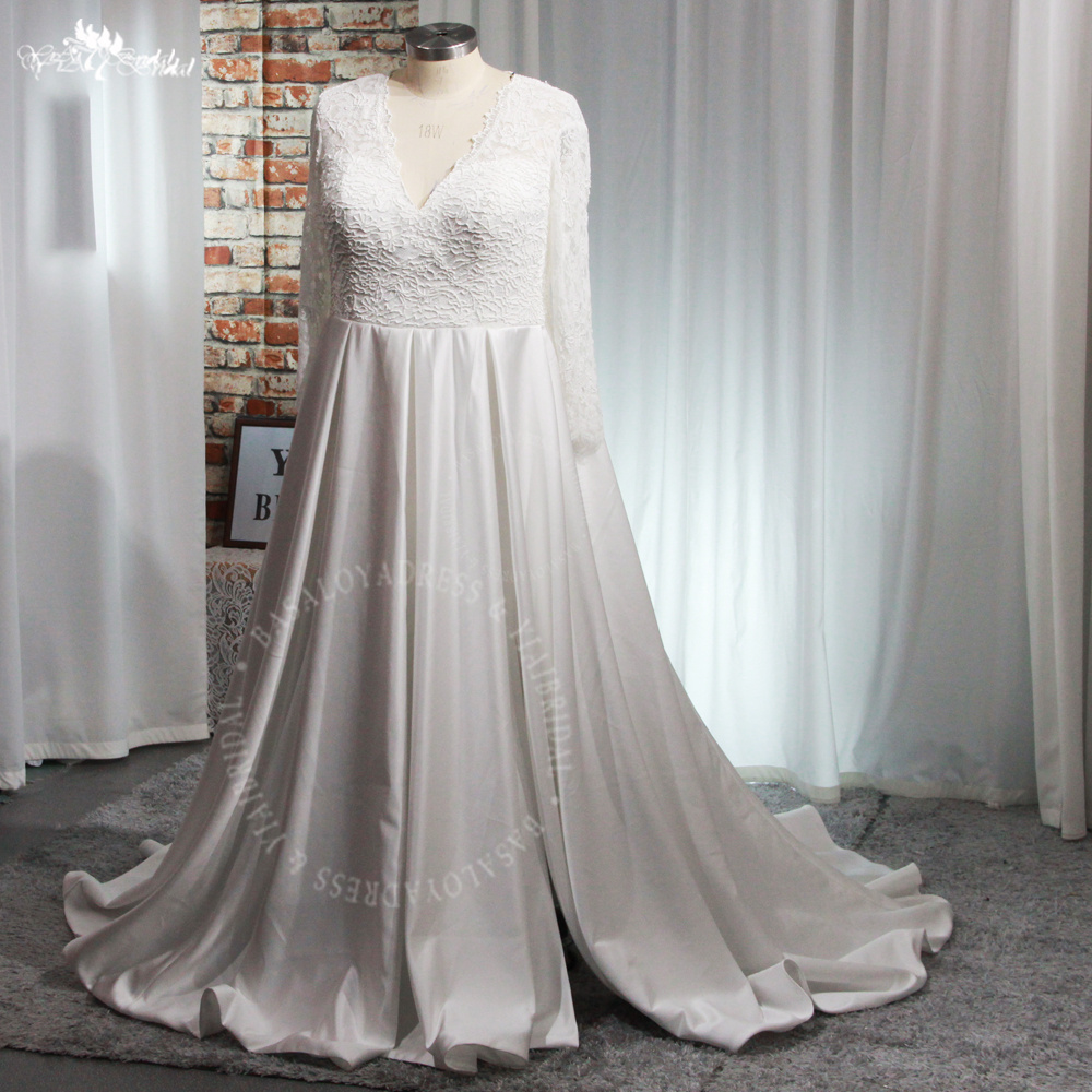 RSW1942 Long Sleeves Lace V Neckline Satin A Line Modest Wedding Dress Big Size Women With Pockets and Open Leg Slit 7