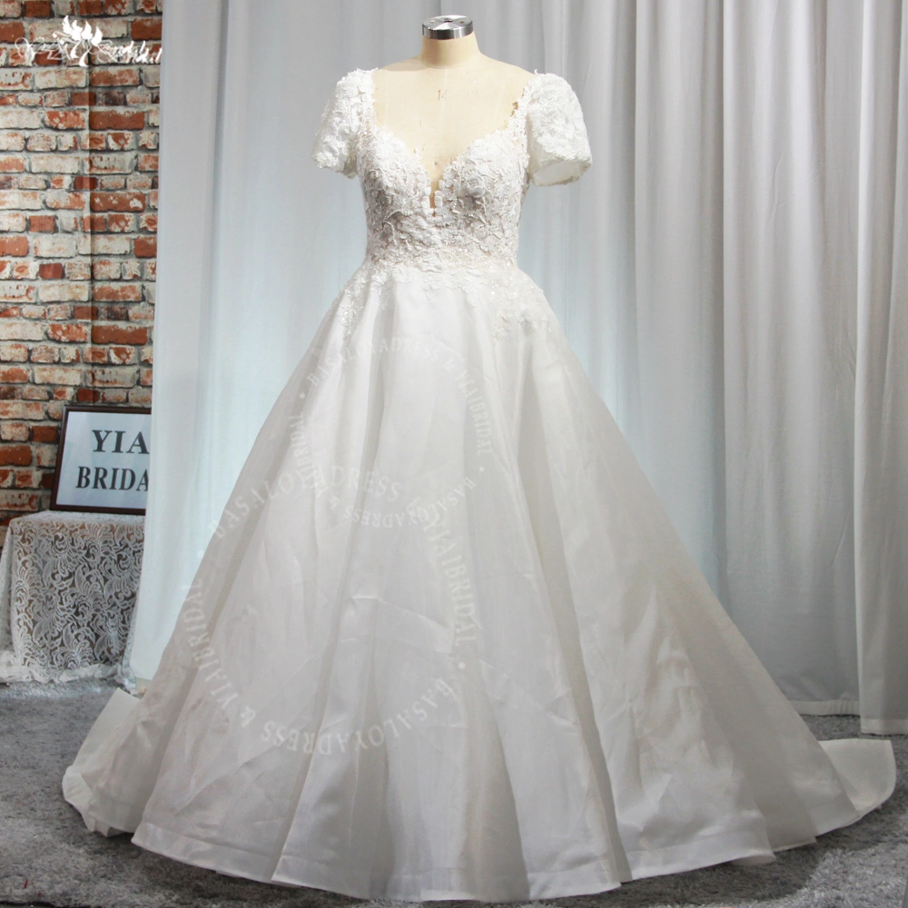 RSW1938 Spaghetti Straps Puffy A Line Backless Floral Lace And Sparkle Organza Bridal Gown With Detachable Sleeves 1