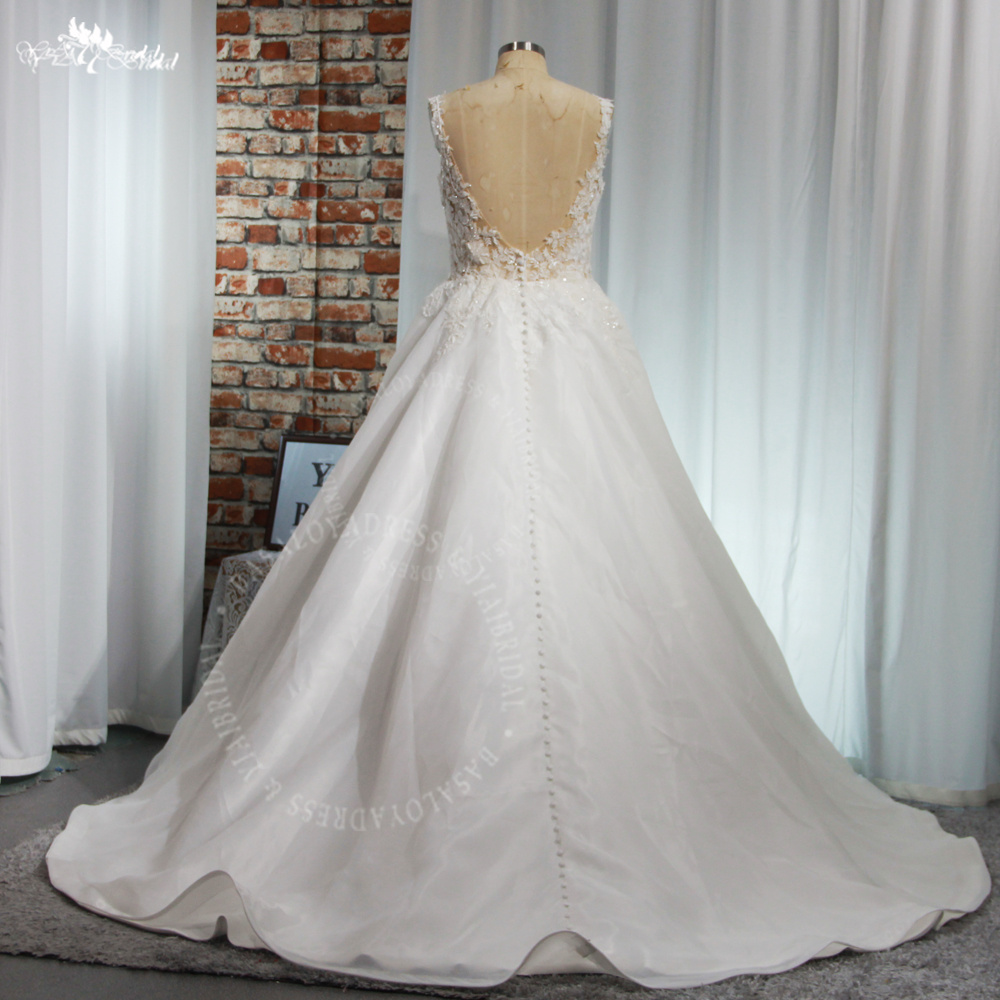 RSW1938 Spaghetti Straps Puffy A Line Backless Floral Lace And Sparkle Organza Bridal Gown With Detachable Sleeves 9