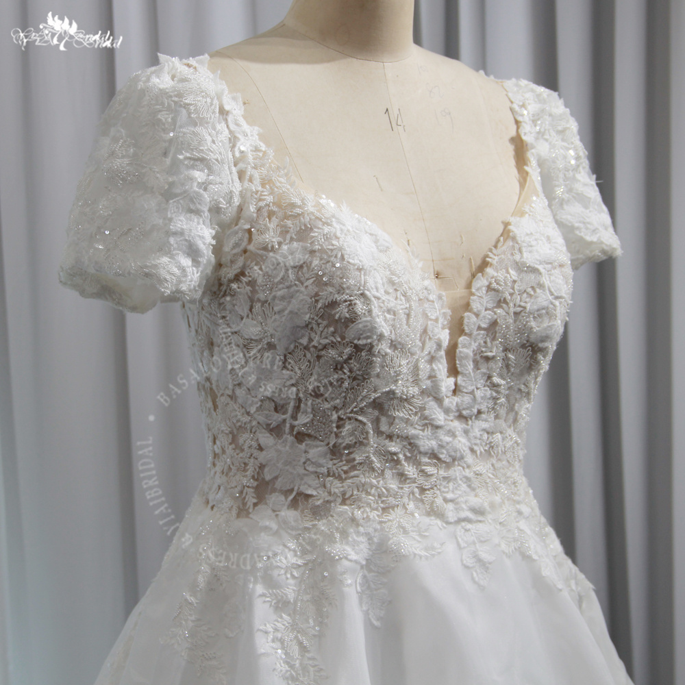 RSW1938 Spaghetti Straps Puffy A Line Backless Floral Lace And Sparkle Organza Bridal Gown With Detachable Sleeves 8