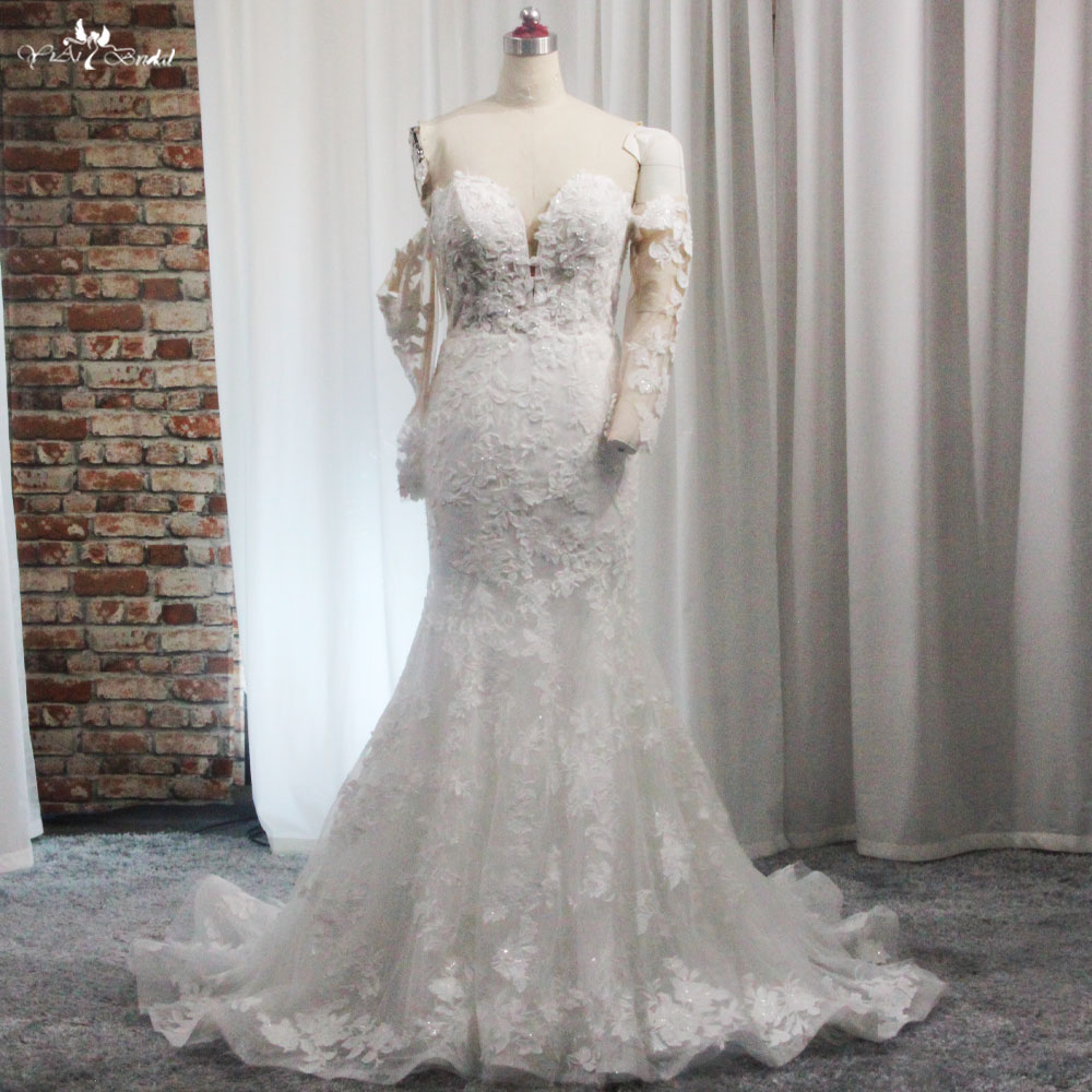 RSW2023 Dantel Aplikler Kapalı Omuzlar Uzun Kollu Deniz Kızı Gelinlik 9