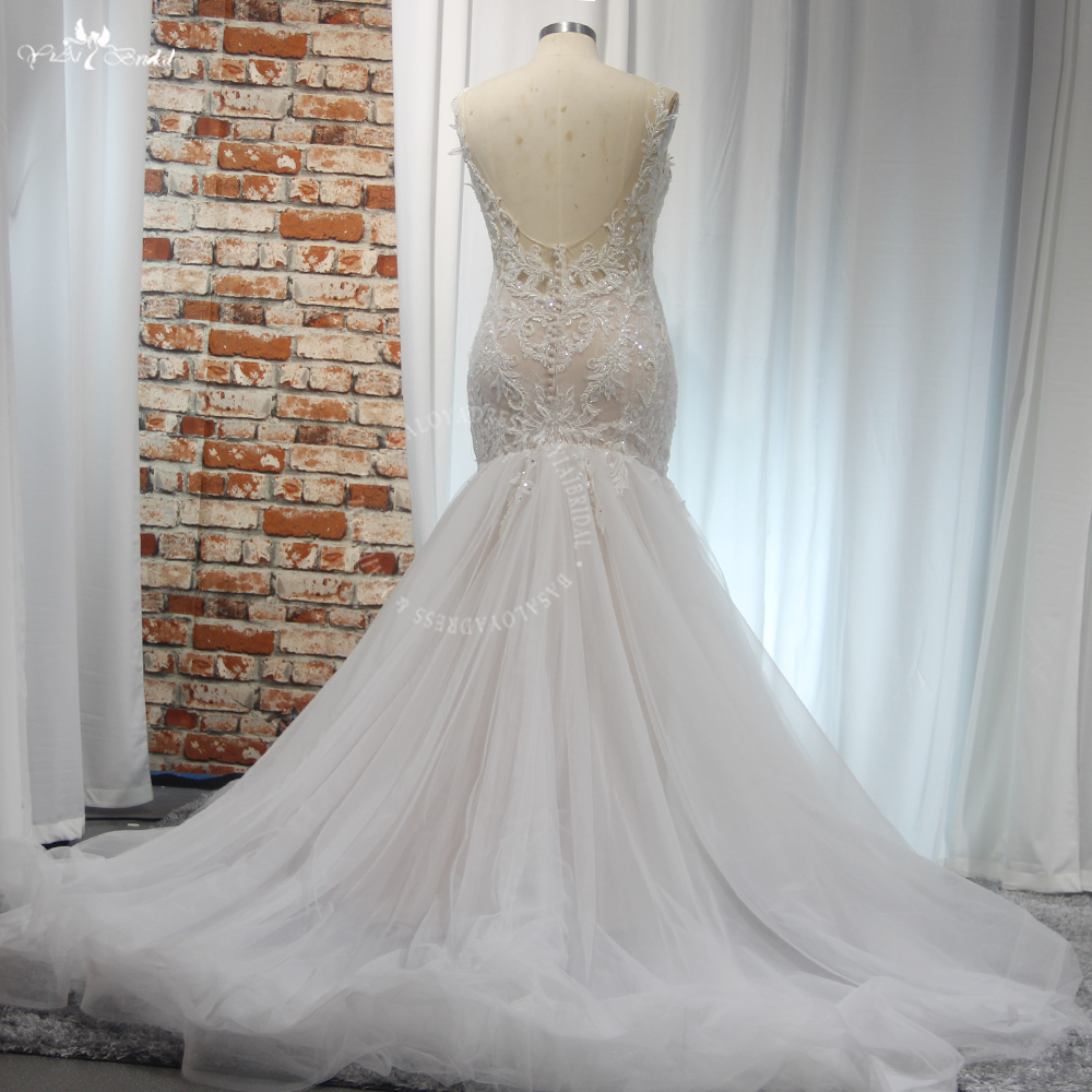 RSW2038 Yiaibridal Nude Color Horshair Edged Sexy Low Back V Neckline Lace Mermaid Wedding Dress 9