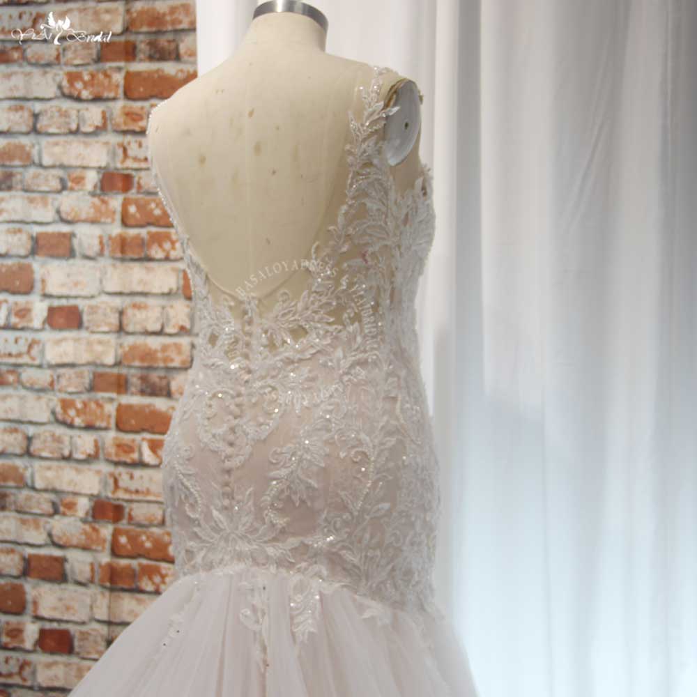 RSW2038 Yiaibridal Nude Color Horshair Edged Sexy Low Back V Neckline Lace Mermaid Wedding Dress 11