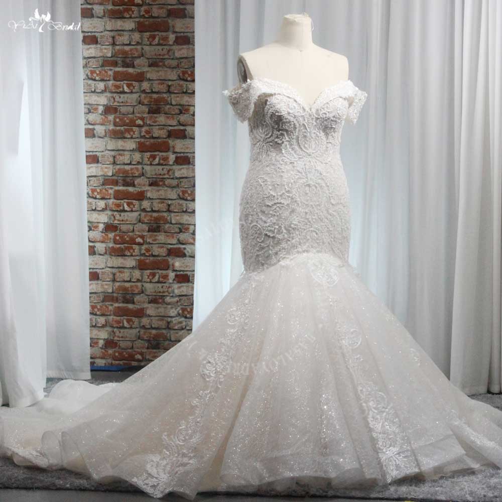 RSW2004 Yiaibridal Off The Shoulder Folded Sweetheart Neckline Lace Mermaid Plus Size Wedding Dress 6
