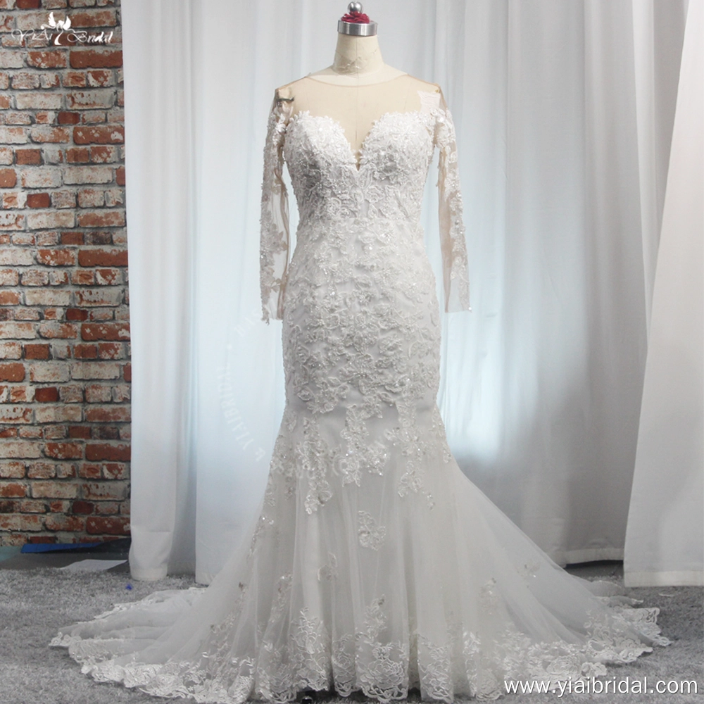 RSW1993 Vestido De Novia Corte Sirena Mangas Largas Lace Appliques Sheer O Neck Bridal Dress Illusion Wedding Gowns Robe 1