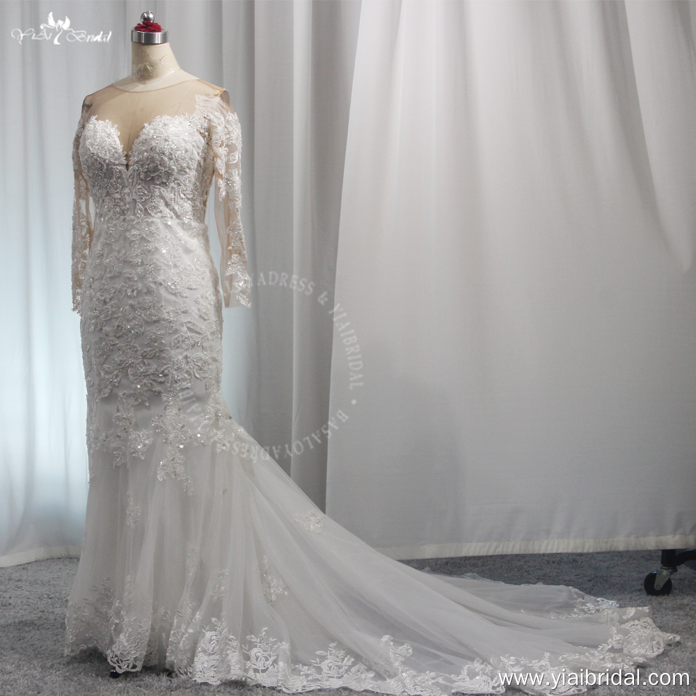 RSW1993 Vestido De Novia Corte Sirena Mangas Largas Lace Appliques Sheer O Neck Bridal Dress Illusion Wedding Gowns Robe 7