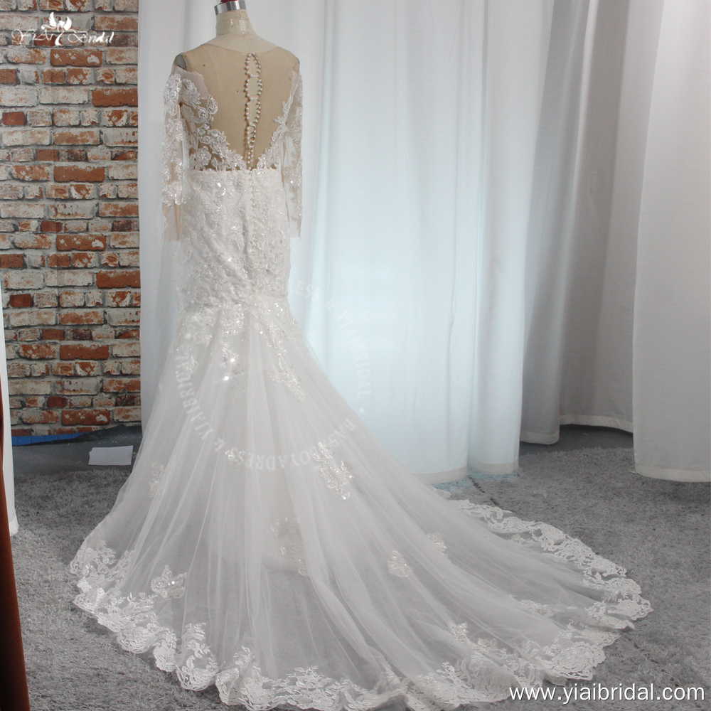 RSW1993 Vestido De Novia Corte Sirena Mangas Largas Lace Appliques Sheer O Neck Bridal Dress Illusion Wedding Gowns Robe 8