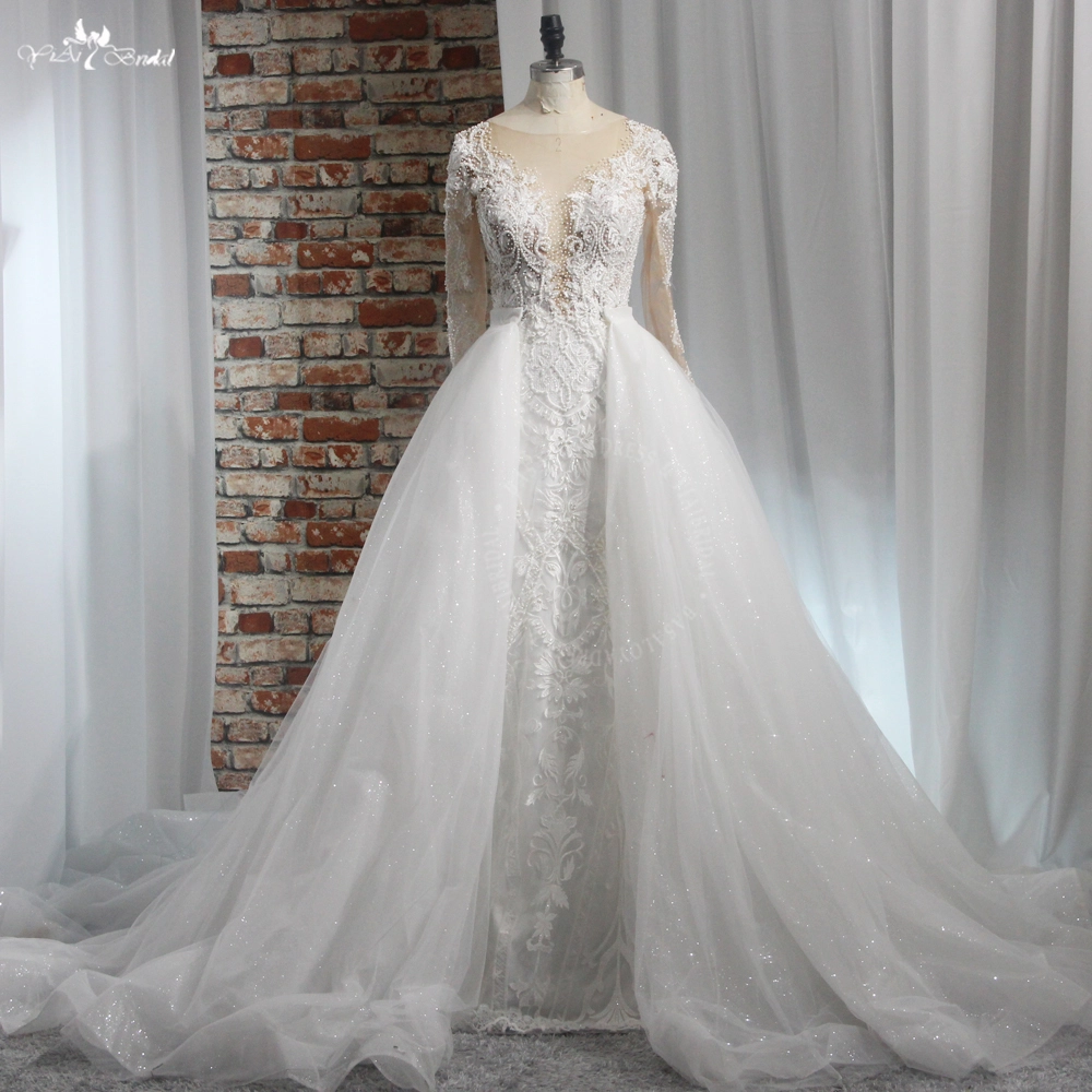 RSW1990 Elegant Ivory Appliqued Lace Wedding Dresses Detachable Train Long Sleeves Mermaid Bridal Gown Church Marriage D 1