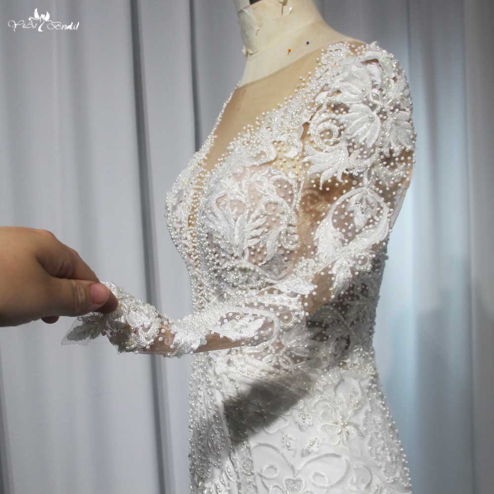RSW1990 Elegant Ivory Appliqued Lace Wedding Dresses Detachable Train Long Sleeves Mermaid Bridal Gown Church Marriage D 9