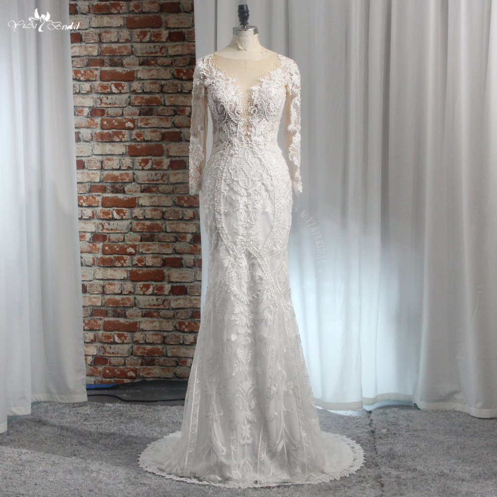 RSW1990 Elegant Ivory Appliqued Lace Wedding Dresses Detachable Train Long Sleeves Mermaid Bridal Gown Church Marriage D 10