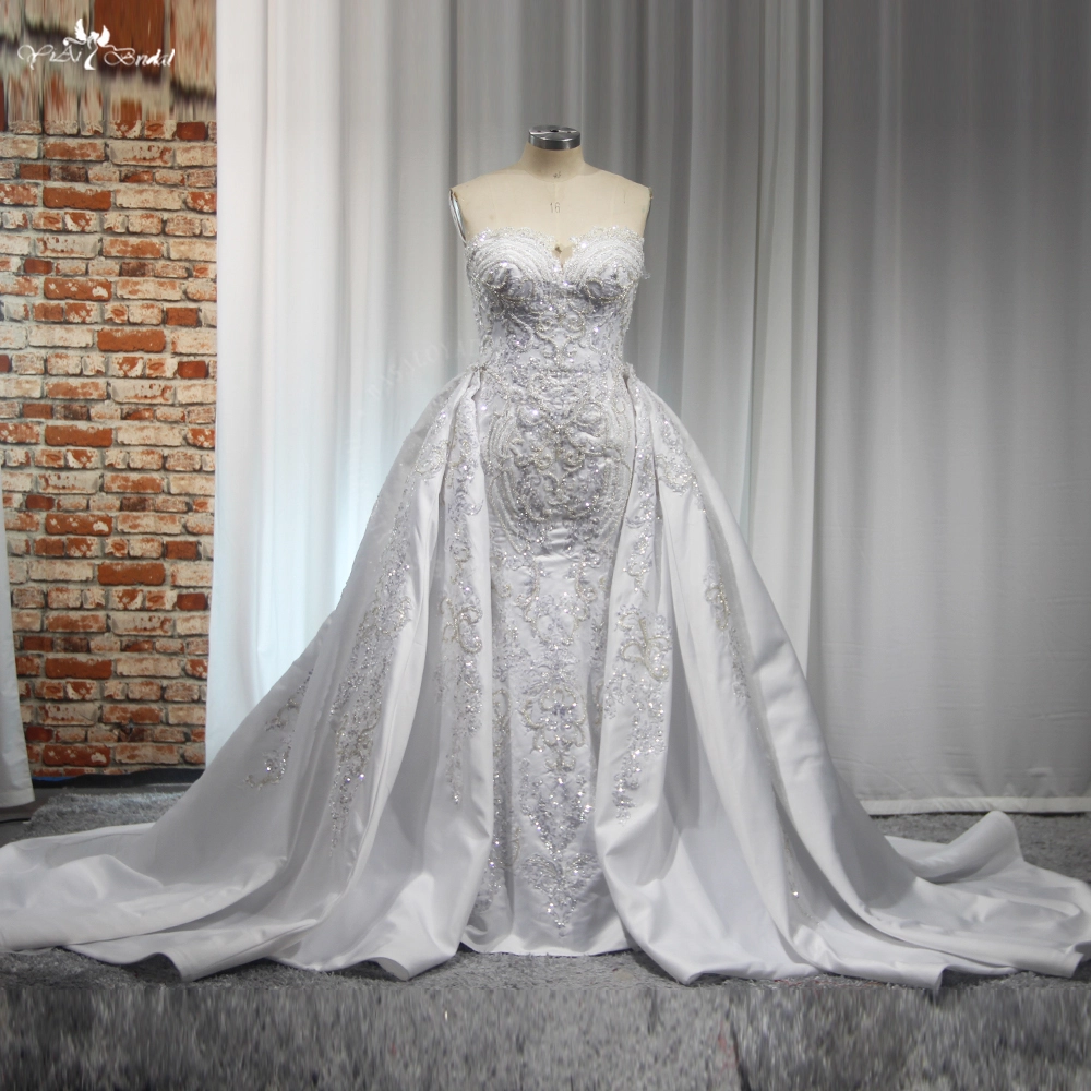 RSW2035 2 In 1 Satin Detachable Train Sweetheart Silver Lace Beaded White Wedding Bride Dresses 1