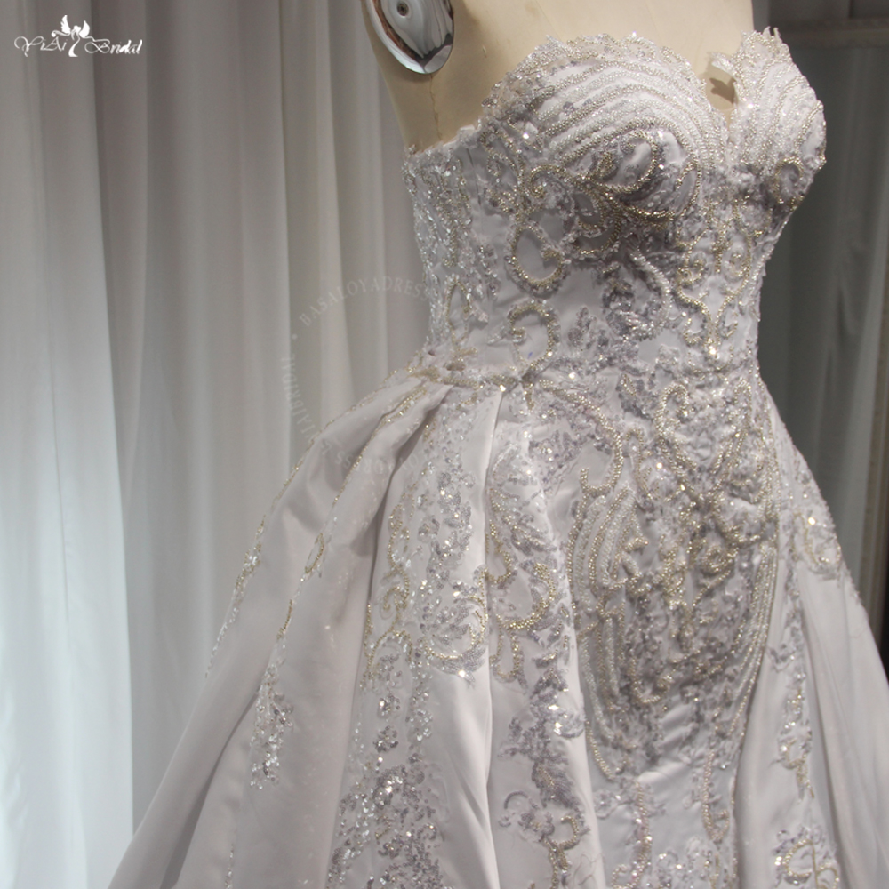 RSW2035 2 In 1 Satin Detachable Train Sweetheart Silver Lace Beaded White Wedding Bride Dresses 10