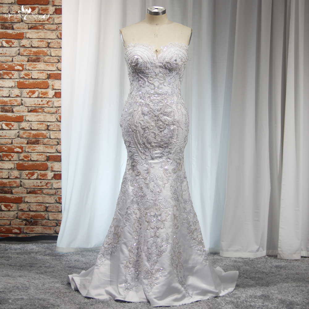 RSW2035 2 In 1 Satin Detachable Train Sweetheart Silver Lace Beaded White Wedding Bride Dresses 9