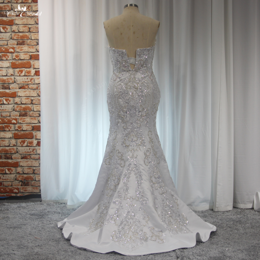 RSW2035 2 In 1 Satin Detachable Train Sweetheart Silver Lace Beaded White Wedding Bride Dresses 11