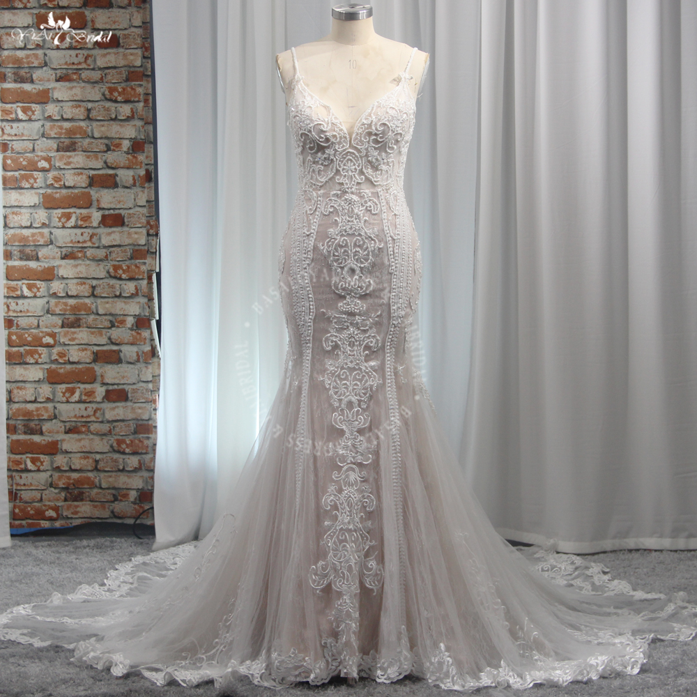 RSW2027 Spaghetti Straps Fit And Flare Lace Mermaid Wedding Dress 8