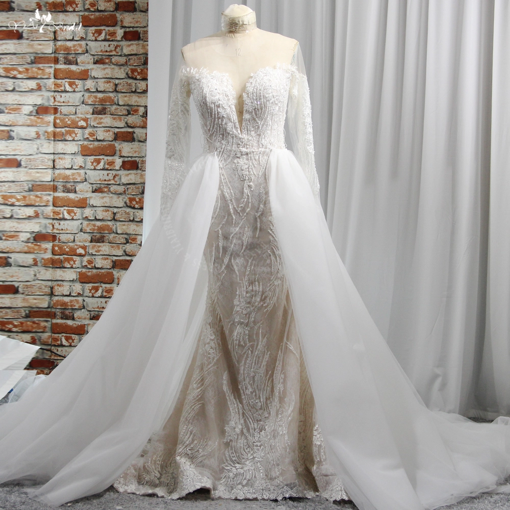 RSW1972 Fitted And Flare Lace Mermaid Dress With Open Off Shoulders Long Sleeves V Neck Wedding Dresses With Detachable 1