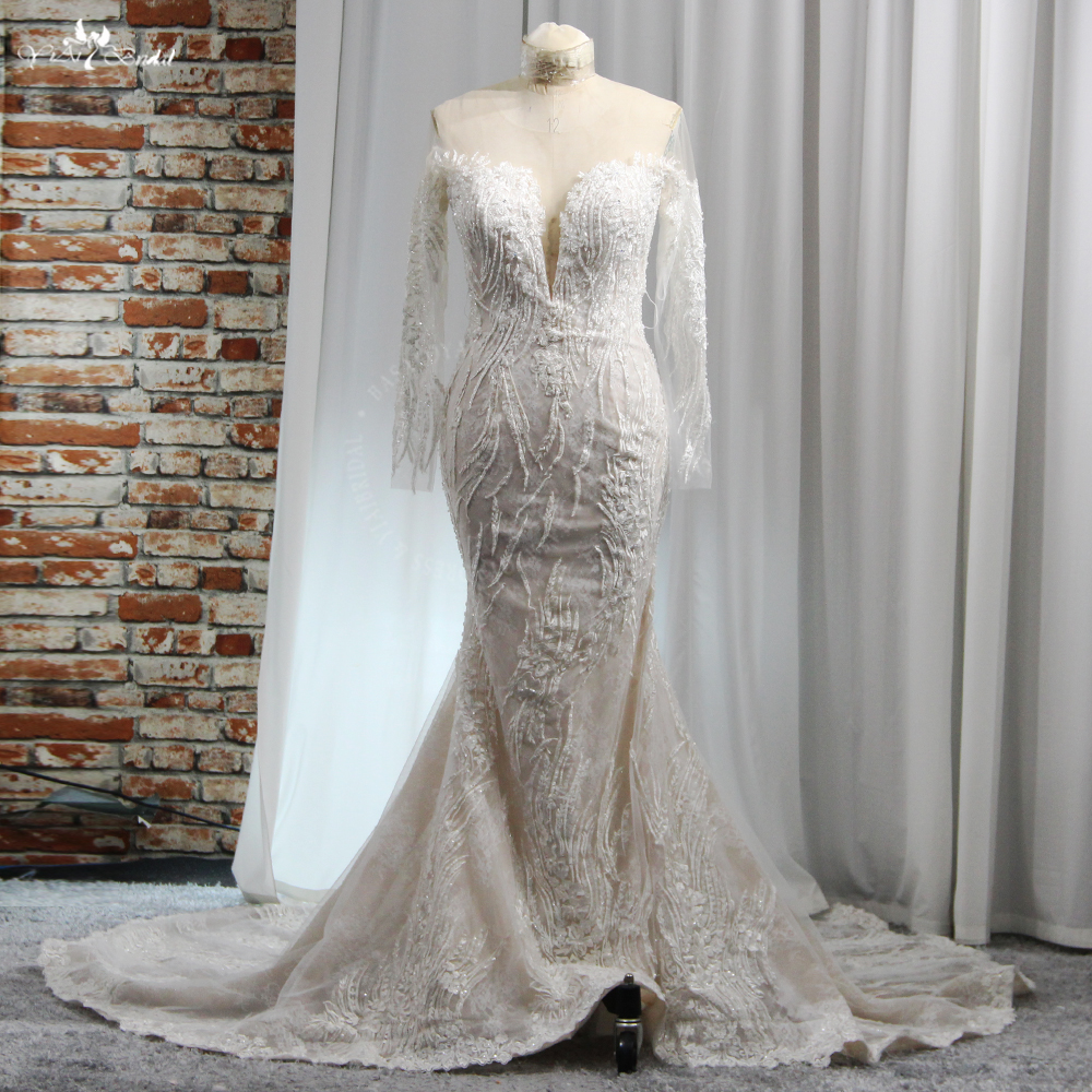 RSW1972 Fitted And Flare Lace Mermaid Dress With Open Off Shoulders Long Sleeves V Neck Wedding Dresses With Detachable 9