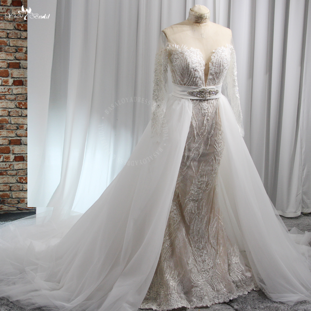 RSW1972 Fitted And Flare Lace Mermaid Dress With Open Off Shoulders Long Sleeves V Neck Wedding Dresses With Detachable 11