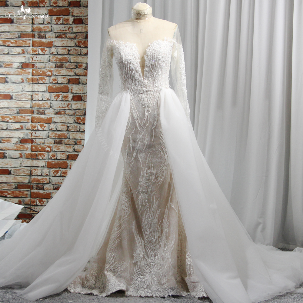 RSW1972 Fitted And Flare Lace Mermaid Dress With Open Off Shoulders Long Sleeves V Neck Wedding Dresses With Detachable 8