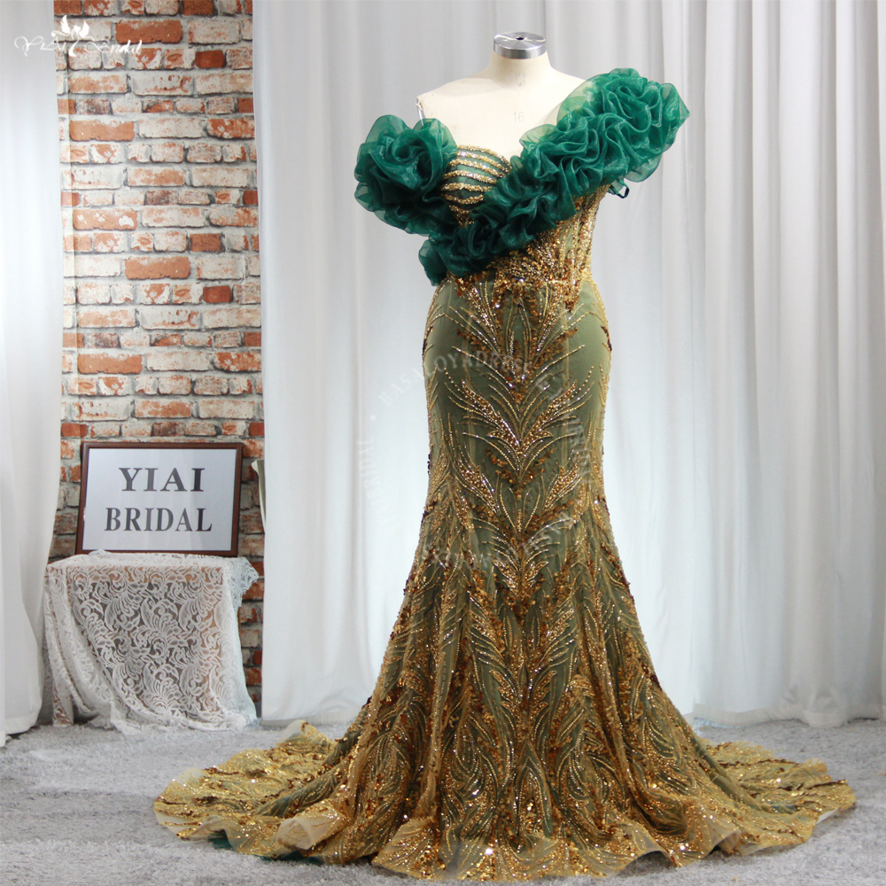 Green And Gold One Shoulder Oraganza Straps Mermaid Evening Gown RSE958 Formal Dress For Lady 9