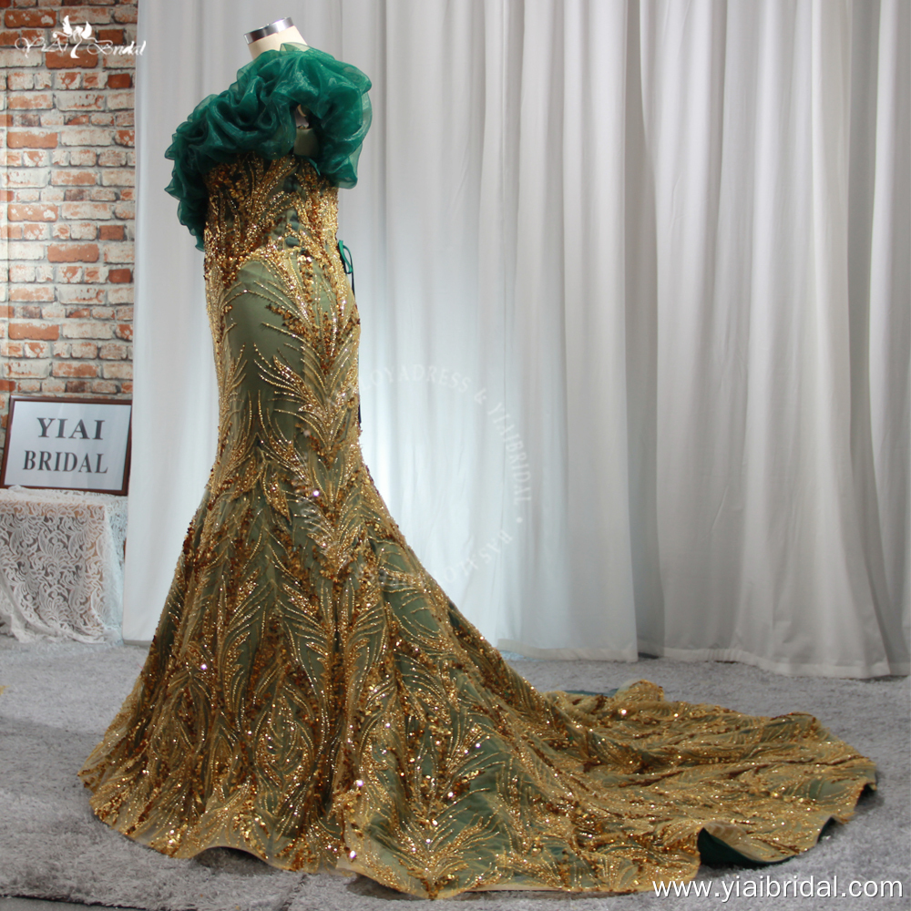 Green And Gold One Shoulder Oraganza Straps Mermaid Evening Gown RSE958 Formal Dress For Lady 10