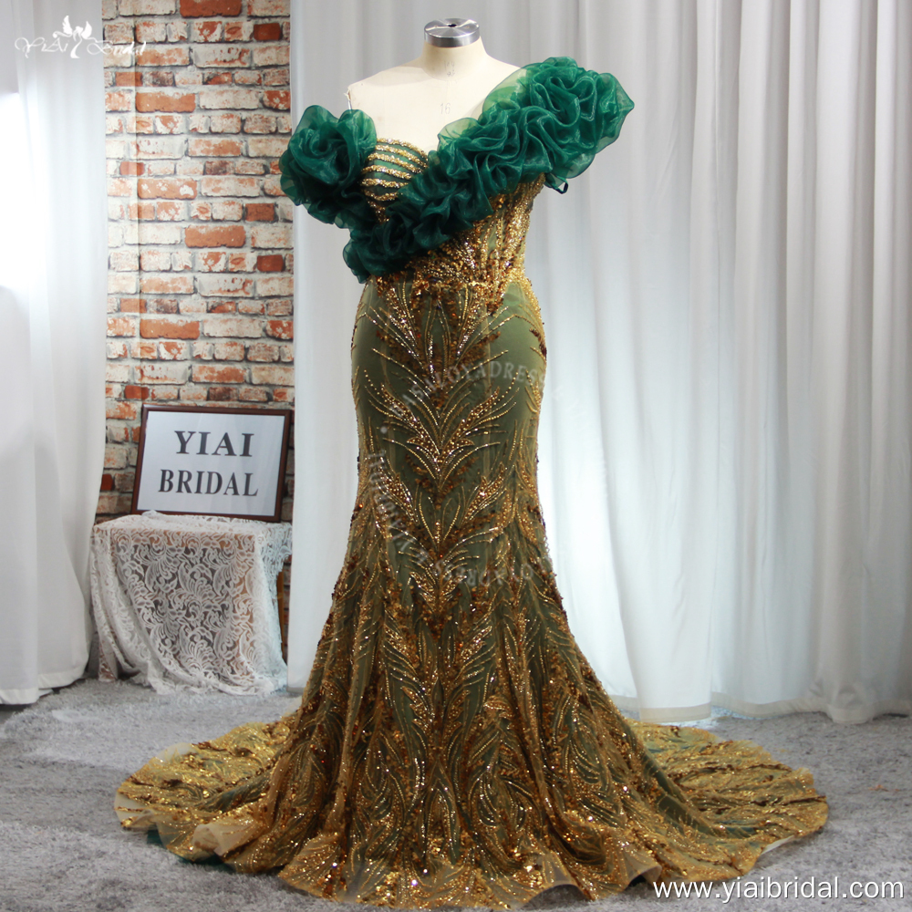 Green And Gold One Shoulder Oraganza Straps Mermaid Evening Gown RSE958 Formal Dress For Lady 11
