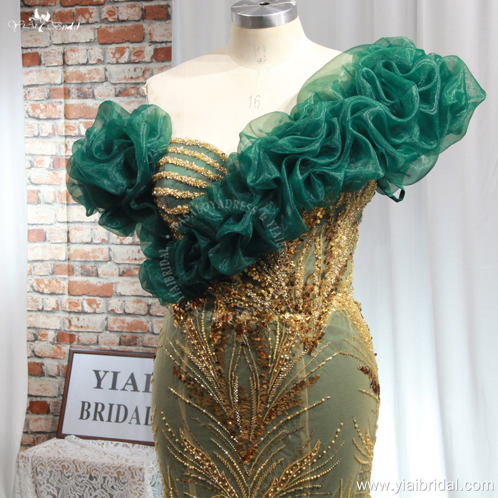 Green And Gold One Shoulder Oraganza Straps Mermaid Evening Gown RSE958 Formal Dress For Lady 8