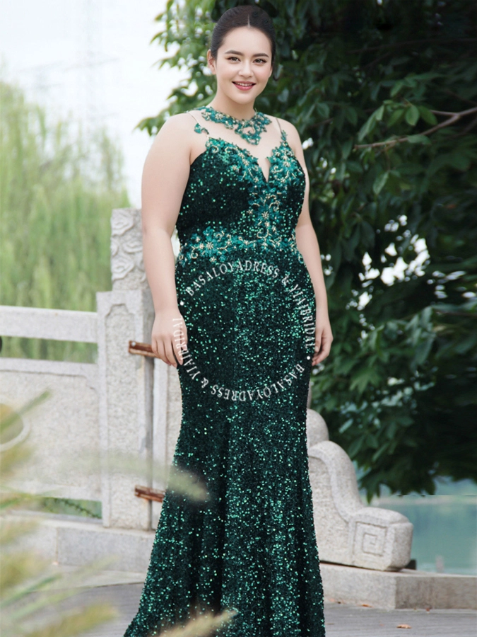 Dark Green O Neck Sleeveless Sequin Evening Dress for Plus Size Women 1