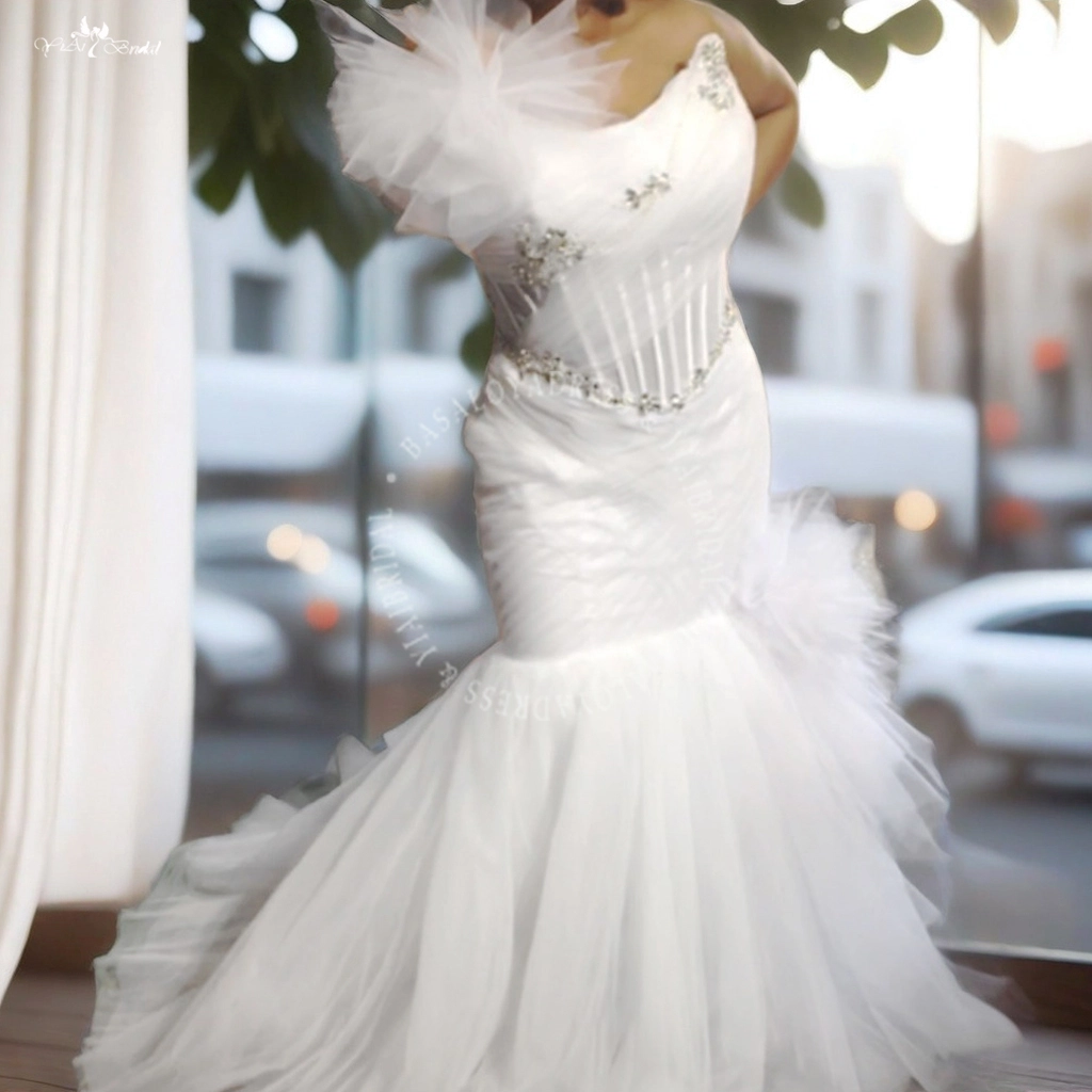 Maßgeschneiderte Afrika-Mädchen-Plissee-Tüll-Meerjungfrau-Hochzeits-Morgenkleid-Braut-weiße Robe-Hersteller aus China 1