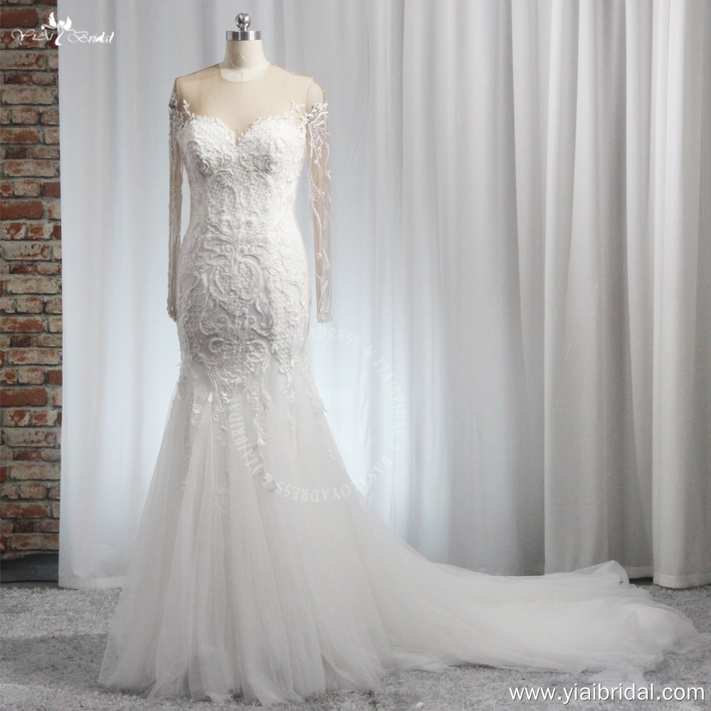 Beach Long Sleeves Mermaid Tulle Wedding Dress Elegant SweethearLace Appliques Illusion Back With Button Bridal Gown 1