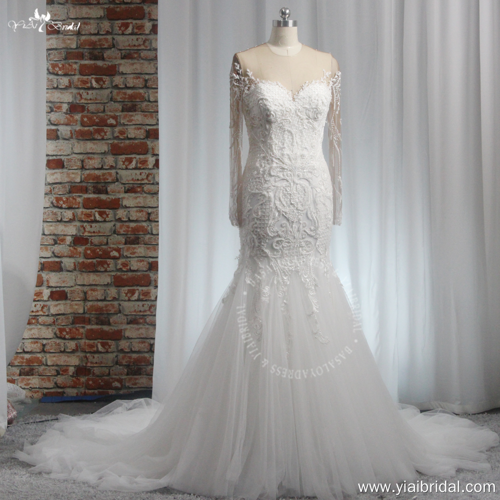 Beach Long Sleeves Mermaid Tulle Wedding Dress Elegant SweethearLace Appliques Illusion Back With Button Bridal Gown 8