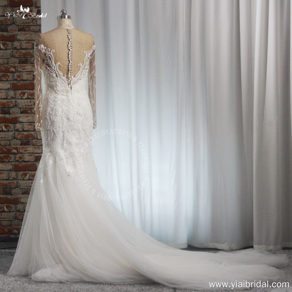 Beach Long Sleeves Mermaid Tulle Wedding Dress Elegant SweethearLace Appliques Illusion Back With Button Bridal Gown 10